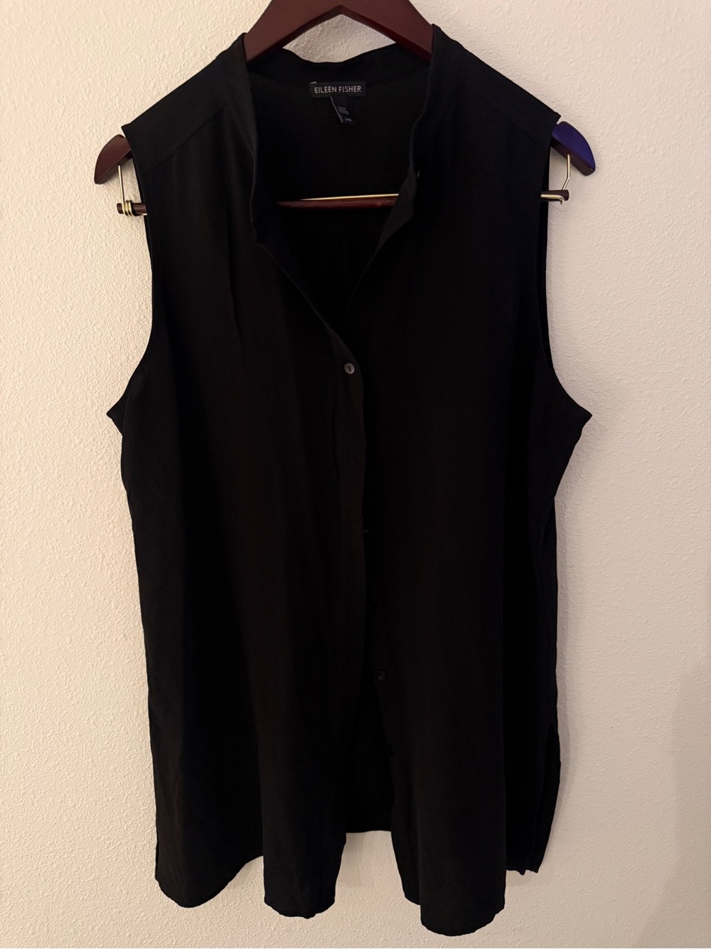 Eileen Fisher Black 100% Silk Sleeveless Button Front Tunic Blouse Large